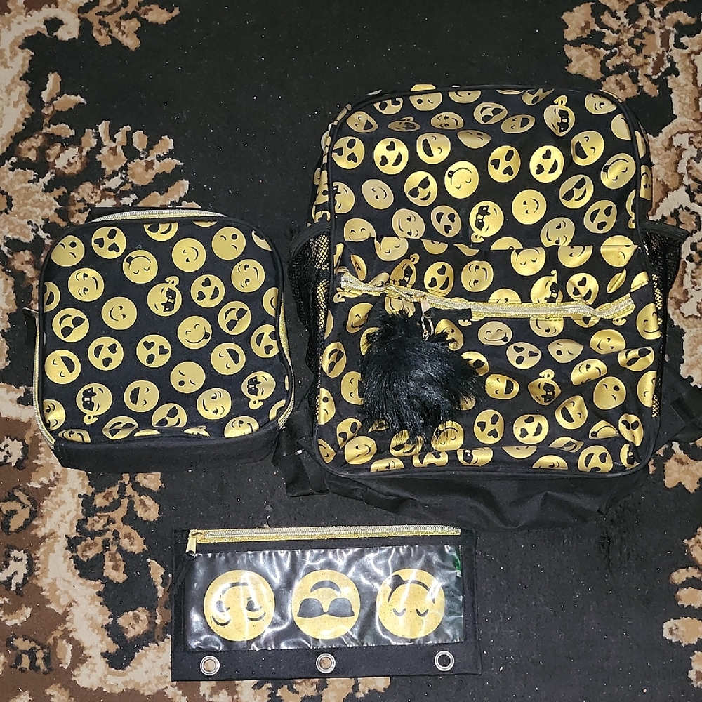 Place Emoji Print Backpack Set w/ Matching Lunchbag & Pencil Case; Black/Gold
